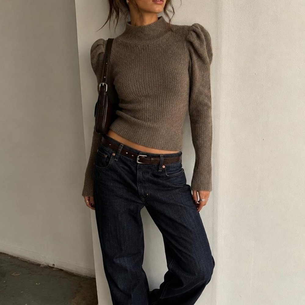 Dark Academia Brown Puff Sleeve Mock Neck Sweater Industry Medium